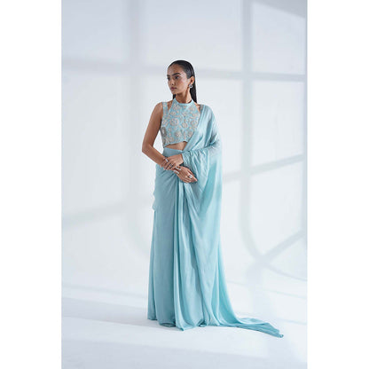 Nidhi Gupta Designs Blue Sheesh Pre-Draped Saree with Stitched Blouse