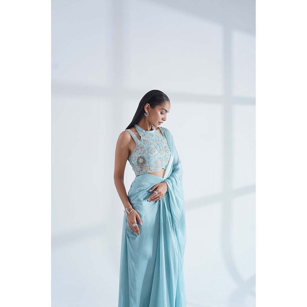 Nidhi Gupta Designs Blue Sheesh Pre-Draped Saree with Stitched Blouse