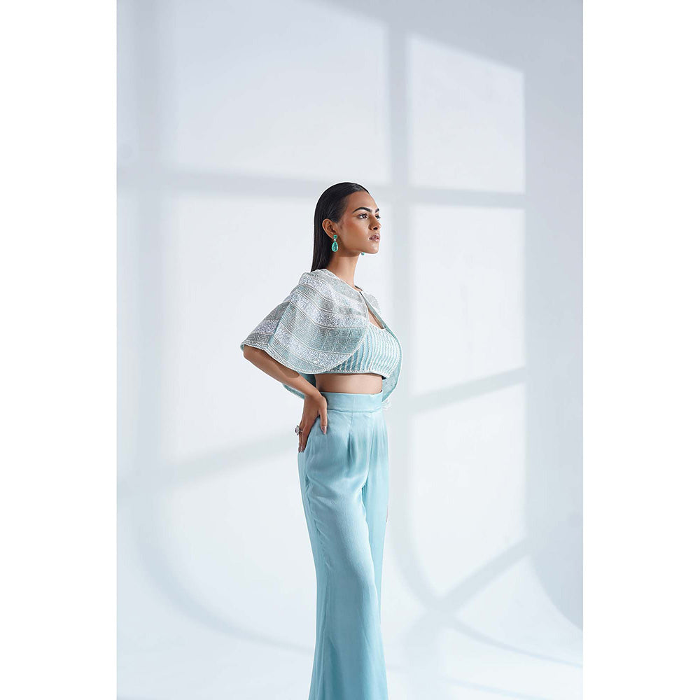 Nidhi Gupta Designs Blue Alaya Cape with Bralette and Pant (Set of 3)
