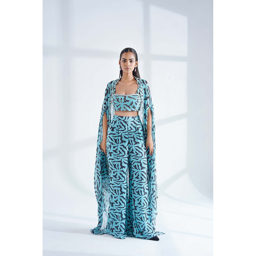 Nidhi Gupta Designs Blue Neu Cape with Bralette and Pant (Set of 3)