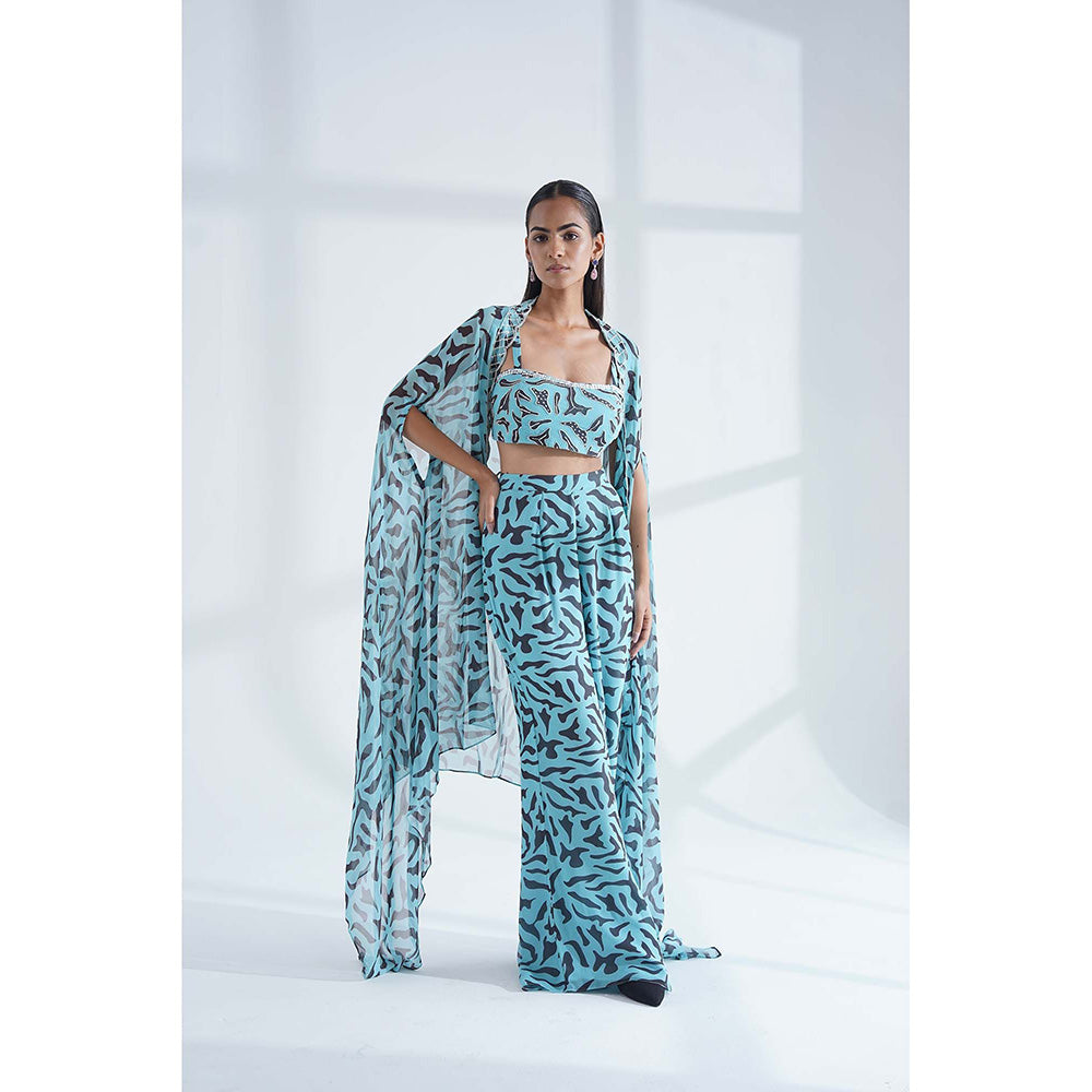 Nidhi Gupta Designs Blue Neu Cape with Bralette and Pant (Set of 3)