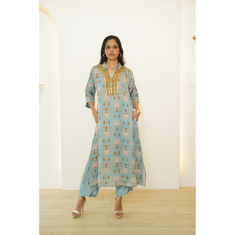 Nidhii Goyal Blue Satin Coin Kurta with Pant (Set of 2)