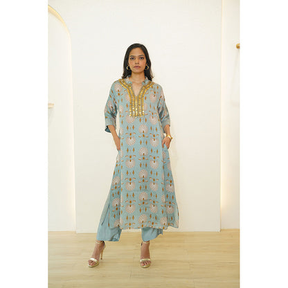 Nidhii Goyal Blue Satin Coin Kurta with Pant (Set of 2)