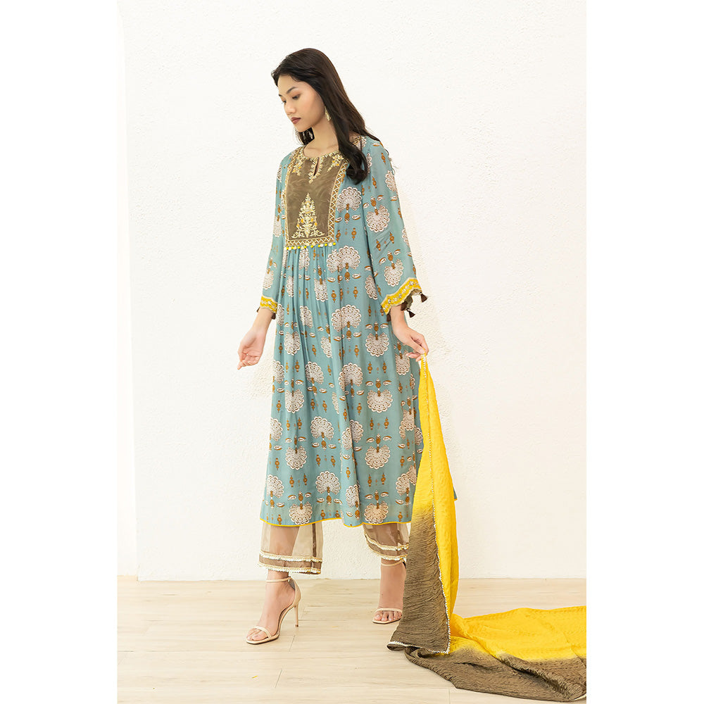 Nidhii Goyal Blue Tissue Yoke A Line Bagh Kurta with Pant and Dupatta (Set of 3)