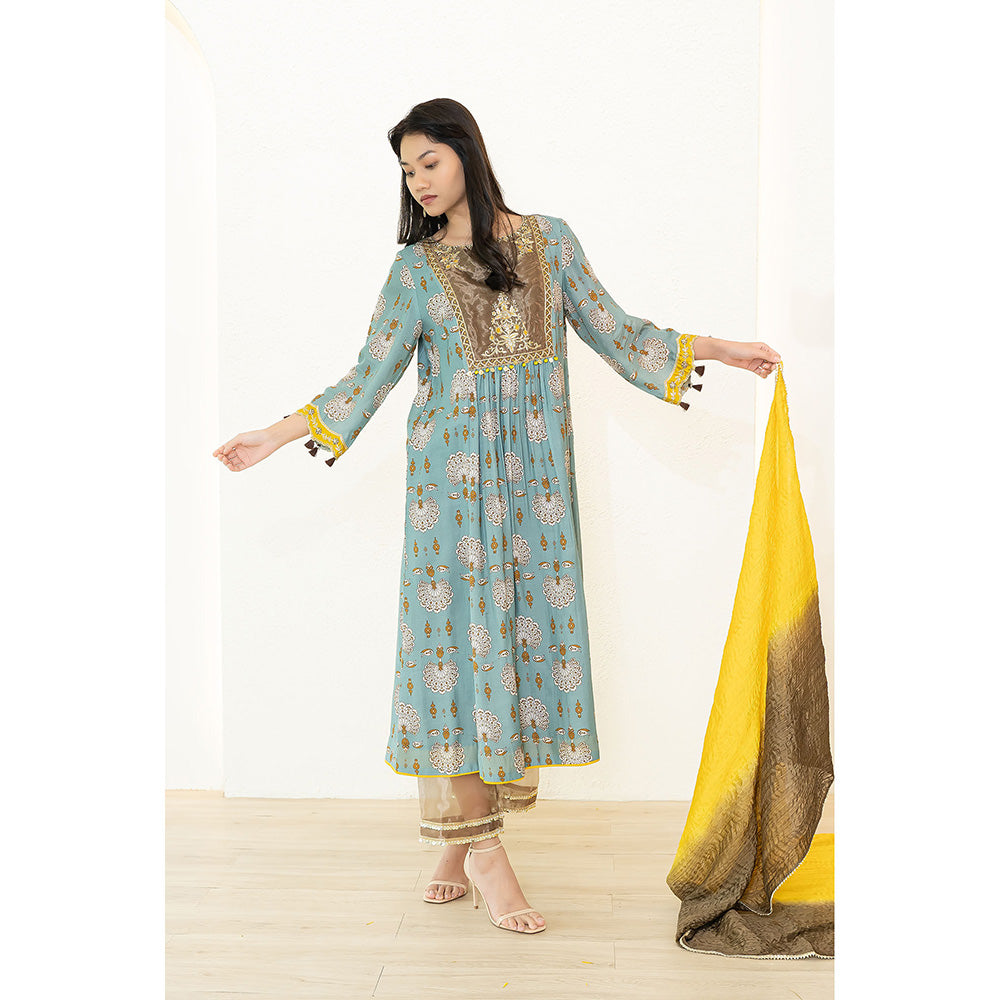 Nidhii Goyal Blue Tissue Yoke A Line Bagh Kurta with Pant and Dupatta (Set of 3)