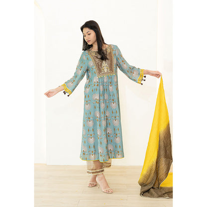 Nidhii Goyal Blue Tissue Yoke A Line Bagh Kurta with Pant and Dupatta (Set of 3)