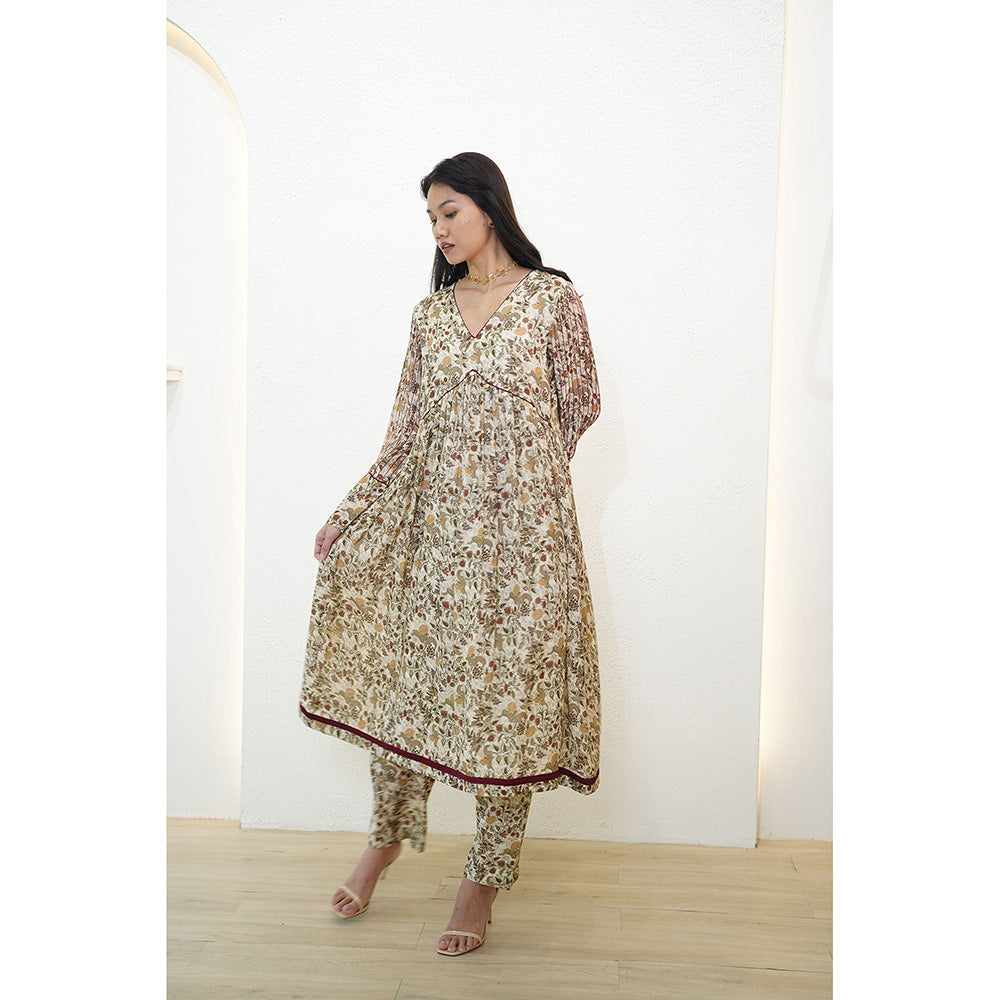 Nidhii Goyal Beige V Neck A Line Chanderi Kurta with Pant (Set of 2)