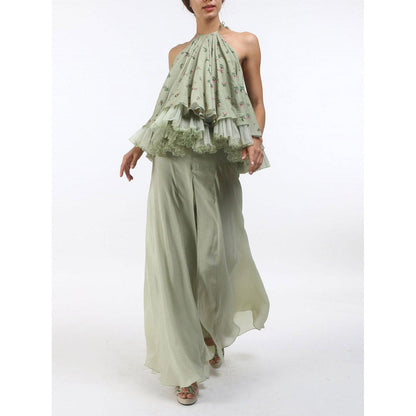 Nikasha Green Bloom Antique Jade Embellished & Flared Halter Top