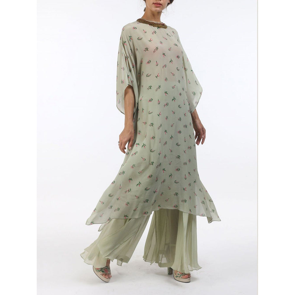 Nikasha Bloom Antique Jade Bouquet Printed Crepe Kaftan With Sharara