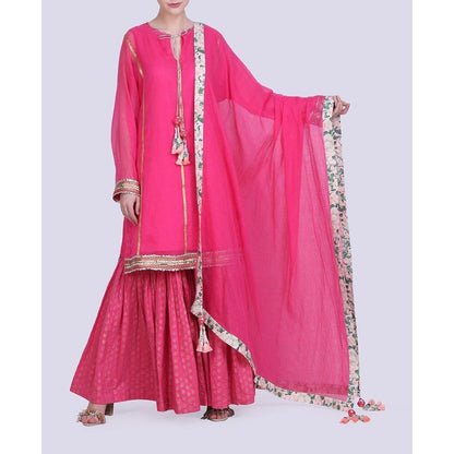 Nikasha Rani Hot Pink Gold Foil Kalidar With Net Dupatta - Set of 3