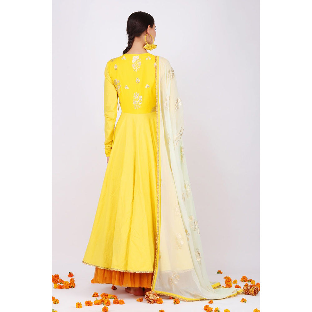 Nikasha Pitambari Yellow Rani Kalidar Pair With Churidar and Dupatta - Set of 3