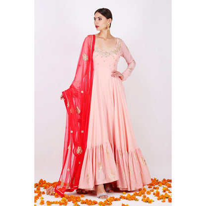 Nikasha Dusky Salmon Rani Kalidar Pair With Churidar and Dupatta - Set of 3