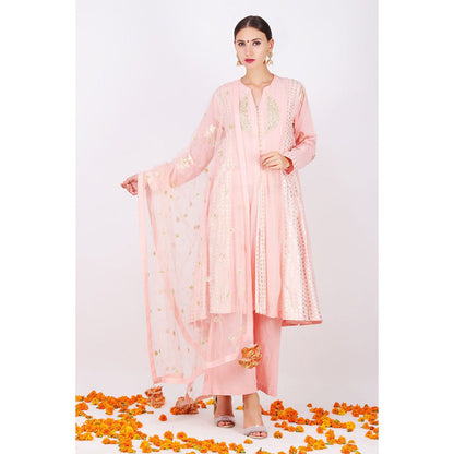 Nikasha Dusky Salmon Rani Kurta Churidar With net embroidered Dupatta - Set of 3