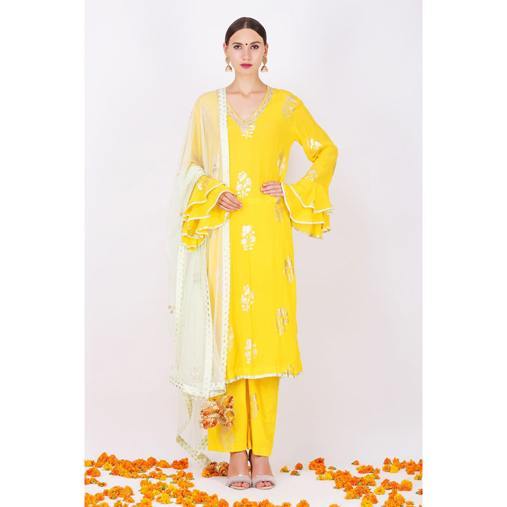 Nikasha Yellow Rani Kurta With Sharara and Pink Foil Dupatta - Set of 3