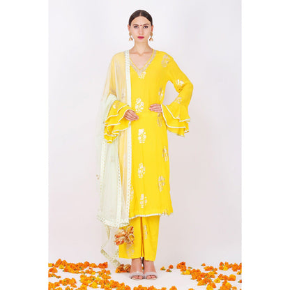 Nikasha Yellow Rani Kurta With Sharara and Pink Foil Dupatta - Set of 3