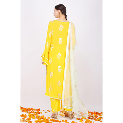 Nikasha Yellow Rani Kurta With Sharara and Pink Foil Dupatta - Set of 3