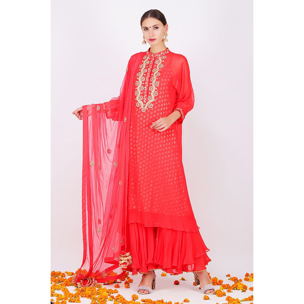 Nikasha Gajari Red Kurta With Net Sharara and net embroidered Dupatta - Set of 3