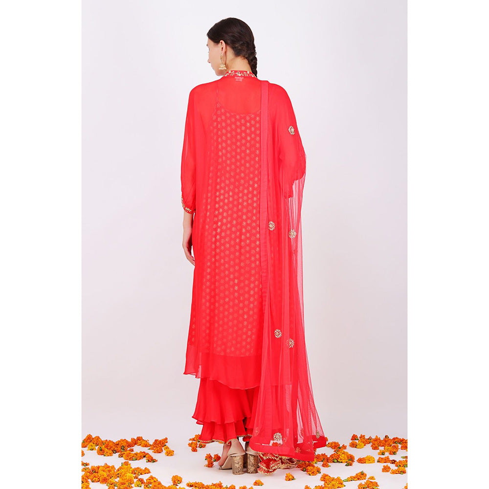 Nikasha Gajari Red Kurta With Net Sharara and net embroidered Dupatta - Set of 3