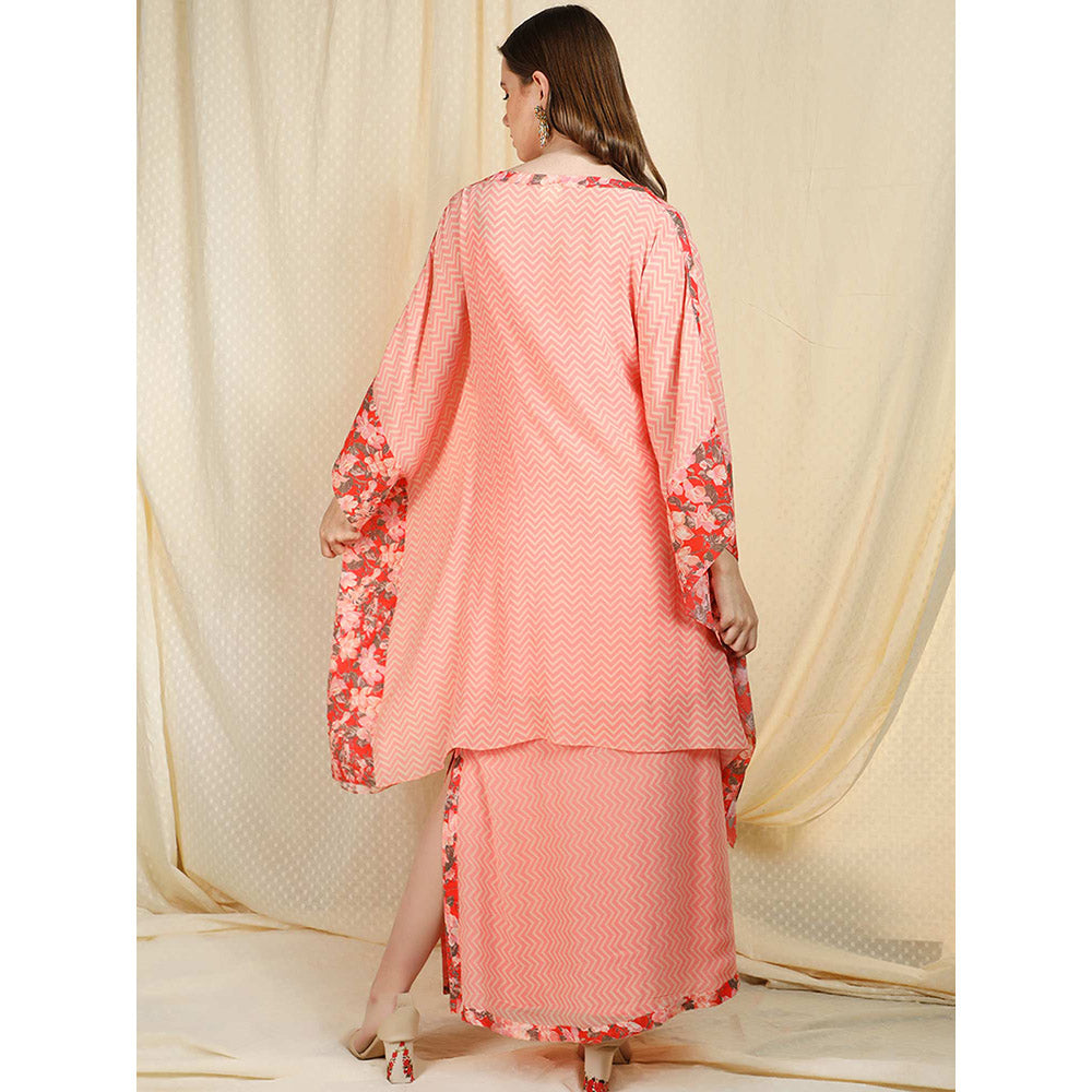 Nikasha Peach Printed Flared Sleeves Kaftan With Skirt (Set of 2)