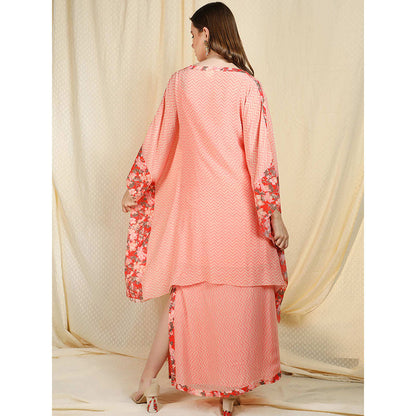 Nikasha Peach Printed Flared Sleeves Kaftan With Skirt (Set of 2)