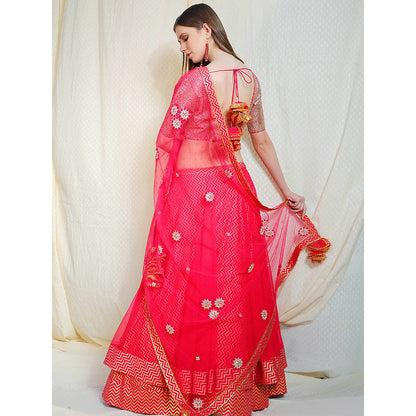 Nikasha Coral Mirror Work Short Sleeves Blouse With Lehenga And Dupatta (Set of 3)