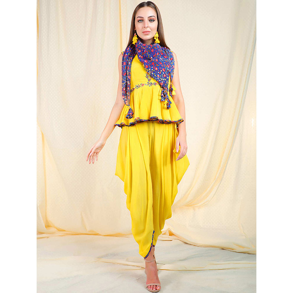 Nikasha Yellow Embellished Sleeveless Top With Dhoti Pant And Scarf (Set of 3)