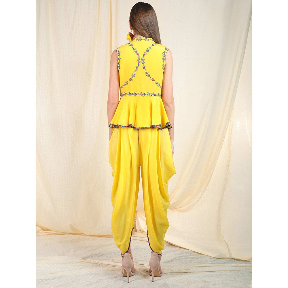Nikasha Yellow Embellished Sleeveless Top With Dhoti Pant And Scarf (Set of 3)