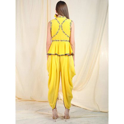 Nikasha Yellow Embellished Sleeveless Top With Dhoti Pant And Scarf (Set of 3)