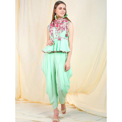 Nikasha Sea Green Embellished Sleeveless Top With Dhoti Pant And Scarf (Set of 3)