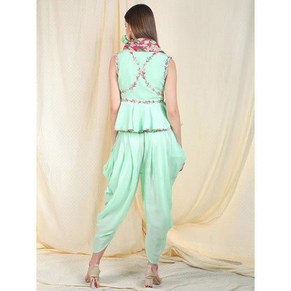 Nikasha Sea Green Embellished Sleeveless Top With Dhoti Pant And Scarf (Set of 3)