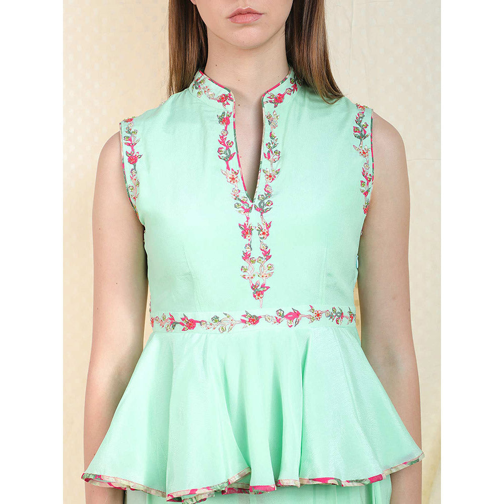 Nikasha Sea Green Embellished Sleeveless Top With Dhoti Pant And Scarf (Set of 3)