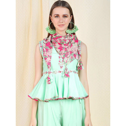 Nikasha Sea Green Embellished Sleeveless Top With Dhoti Pant And Scarf (Set of 3)