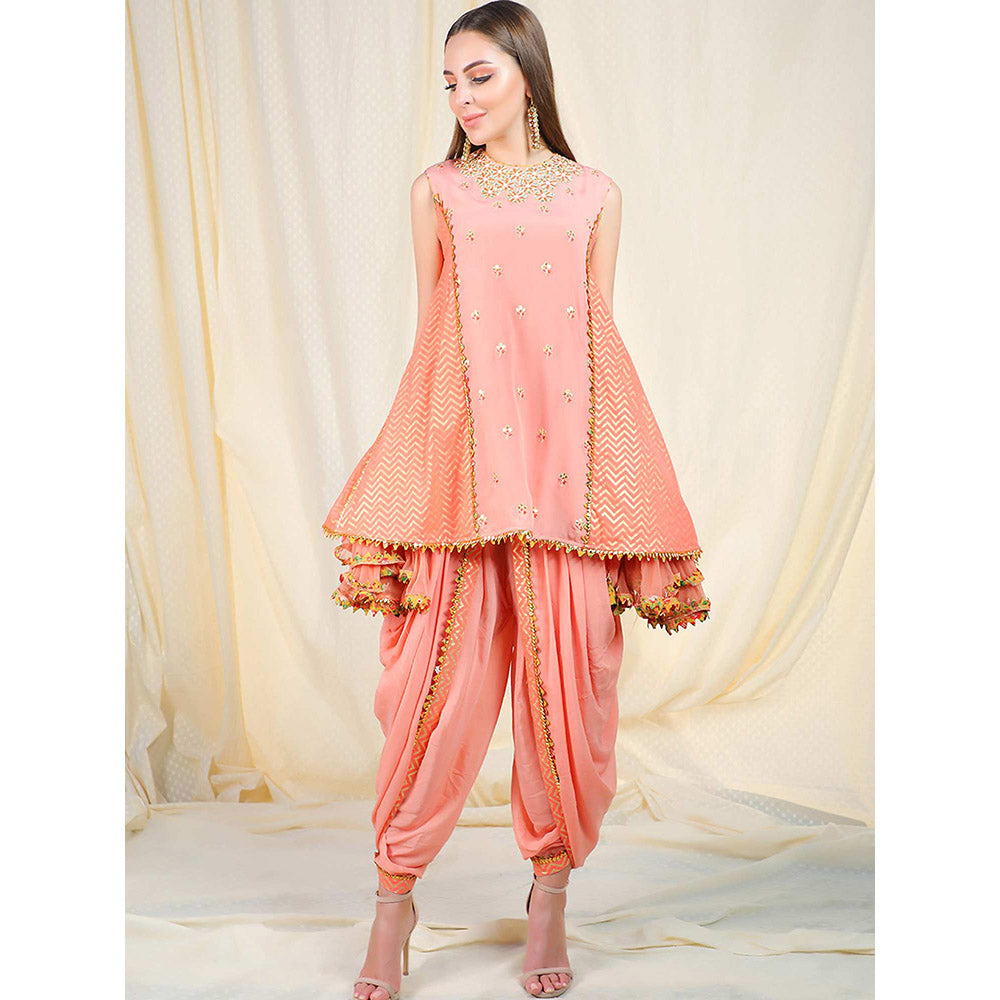 Nikasha Peach Embellished Sleeveless Tunic With Dhoti Pant (Set of 2)
