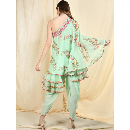 Nikasha Sea Green Embellished One Shoulder Tunic With Dhoti Pant (Set of 2)