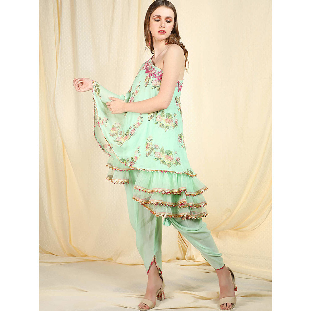 Nikasha Sea Green Embellished One Shoulder Tunic With Dhoti Pant (Set of 2)