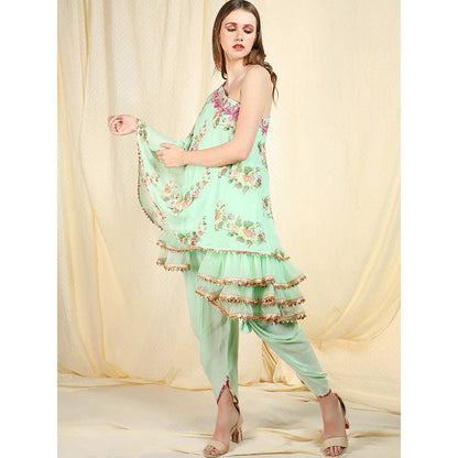 Nikasha Sea Green Embellished One Shoulder Tunic With Dhoti Pant (Set of 2)