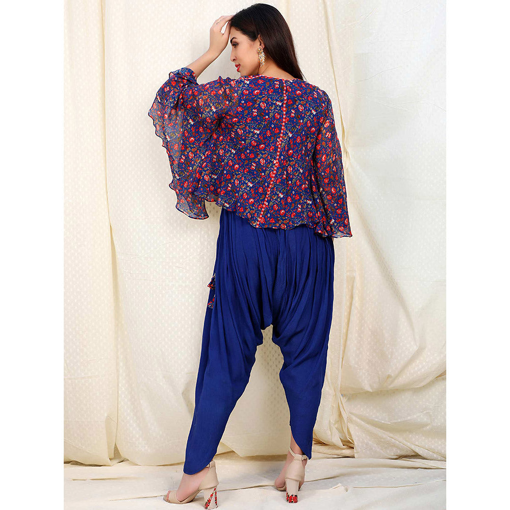 Nikasha Blue Floral Printed Flared Sleeves Tunic With Dhoti Pant (Set of 2)