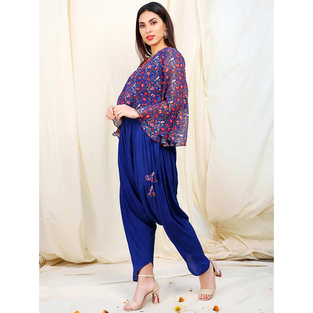 Nikasha Blue Floral Printed Flared Sleeves Tunic With Dhoti Pant (Set of 2)