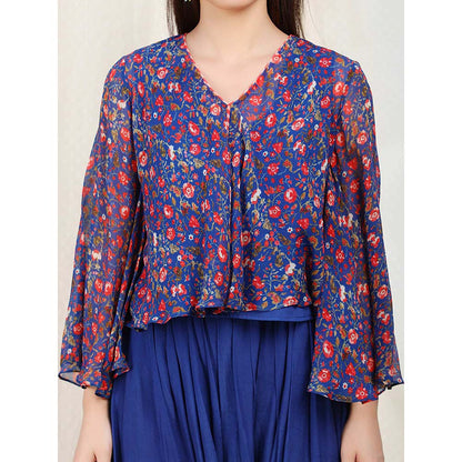 Nikasha Blue Floral Printed Flared Sleeves Tunic With Dhoti Pant (Set of 2)