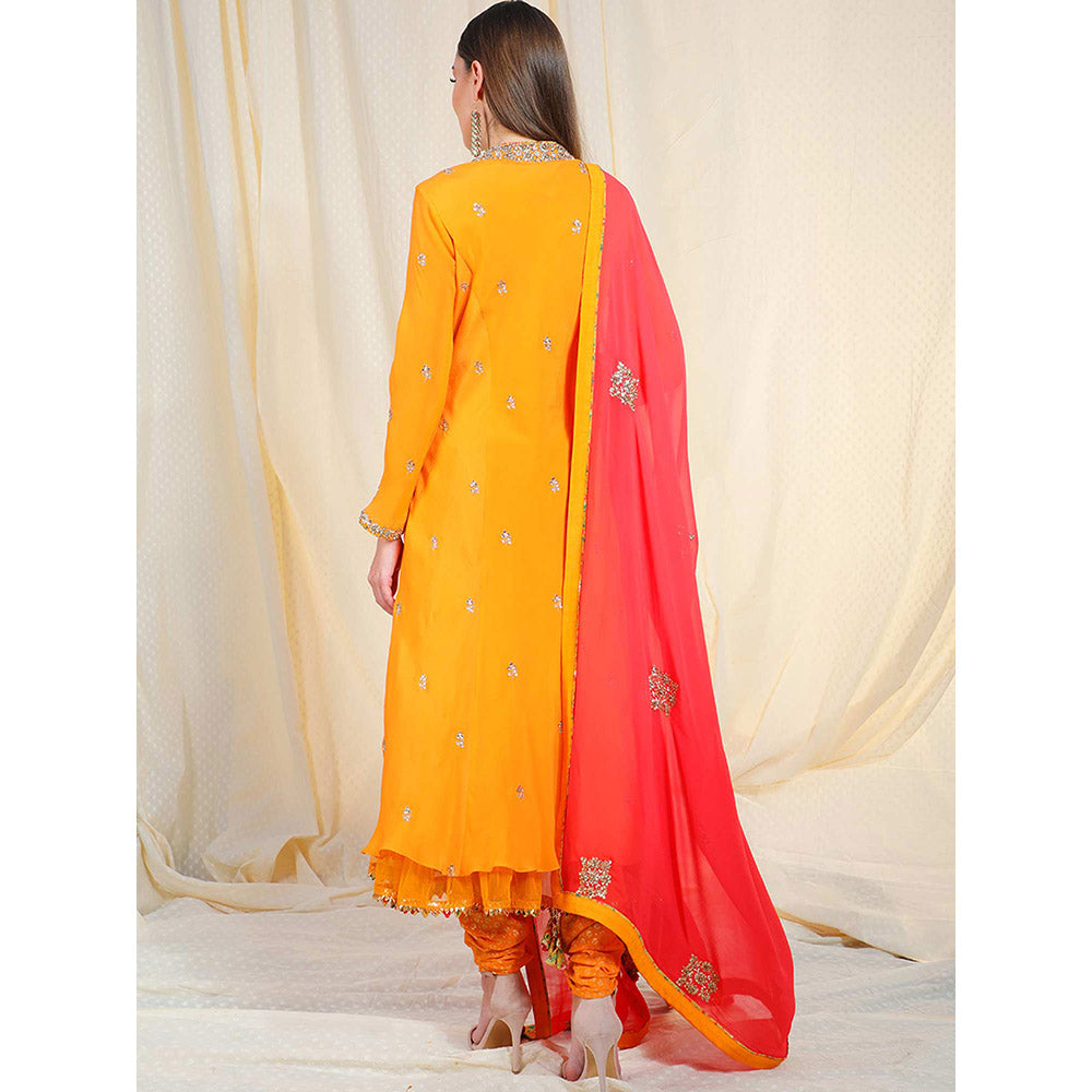 Nikasha Orange Embellished Long Sleeves Kurta And Churidar With Dupatta (Set of 3)