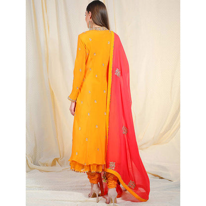 Nikasha Orange Embellished Long Sleeves Kurta And Churidar With Dupatta (Set of 3)
