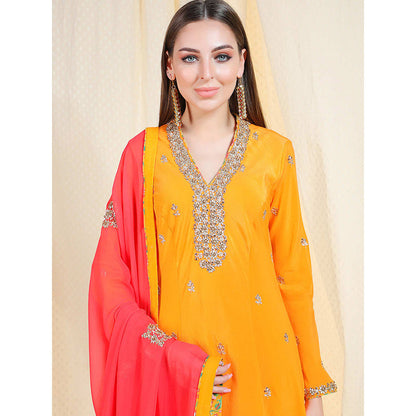 Nikasha Orange Embellished Long Sleeves Kurta And Churidar With Dupatta (Set of 3)