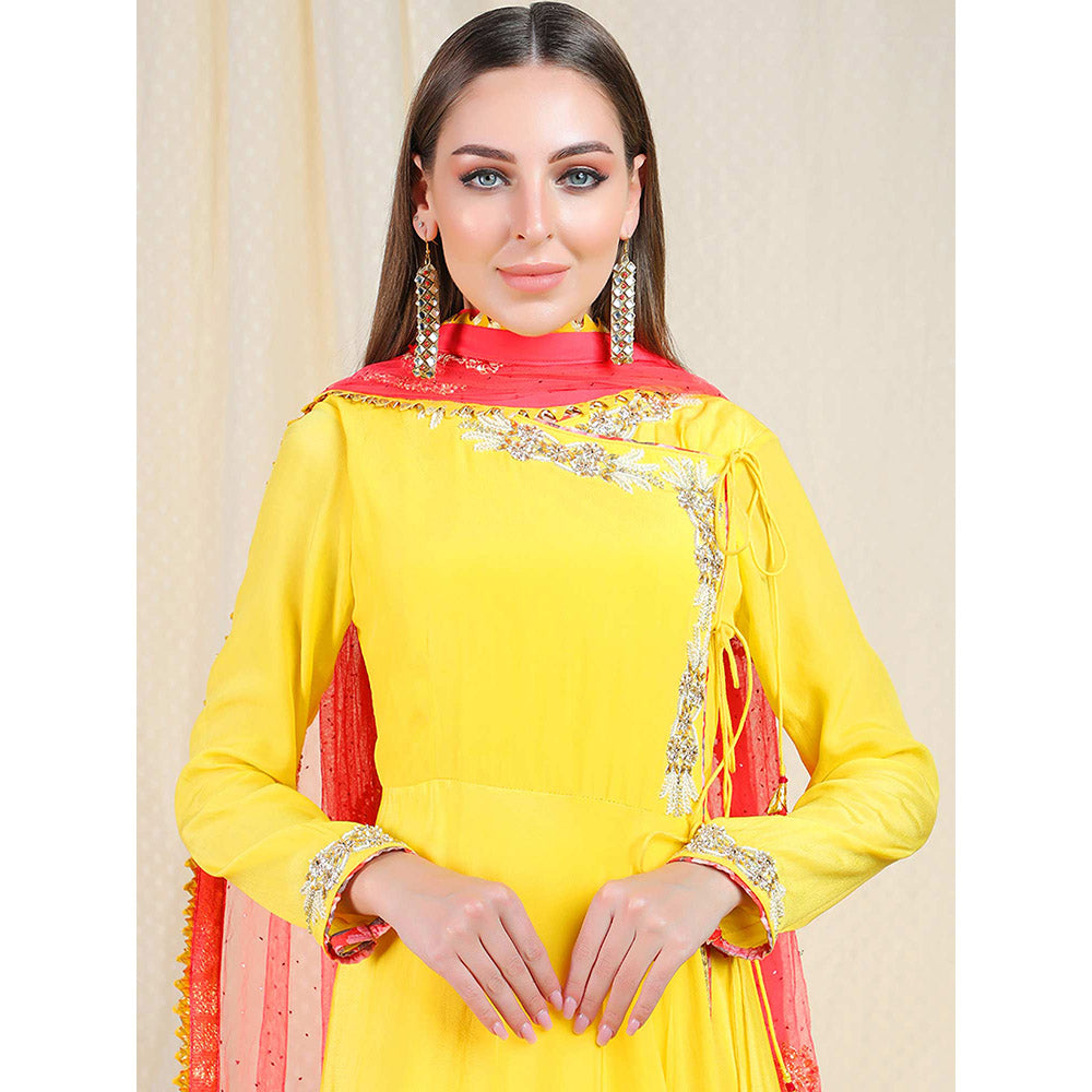 Nikasha Yellow Embellished Long Sleeves Angarkha And Churidar With Pant (Set of 3)