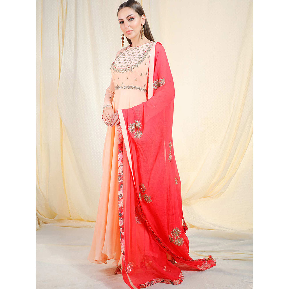 Nikasha Peach Embellished Long Sleeves Kurta And Churidar With Dupatta (Set of 3)