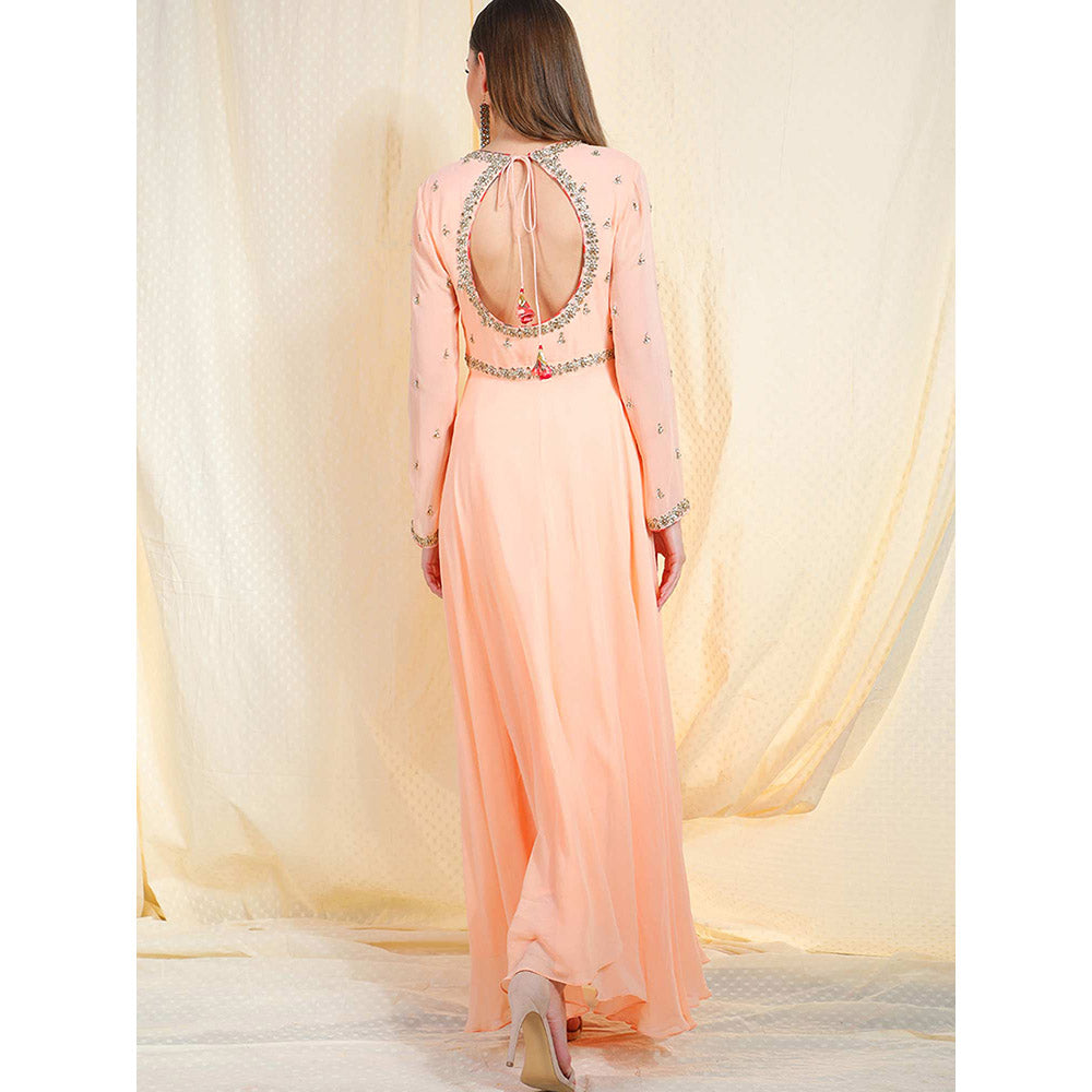 Nikasha Peach Embellished Long Sleeves Kurta And Churidar With Dupatta (Set of 3)
