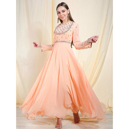 Nikasha Peach Embellished Long Sleeves Kurta And Churidar With Dupatta (Set of 3)