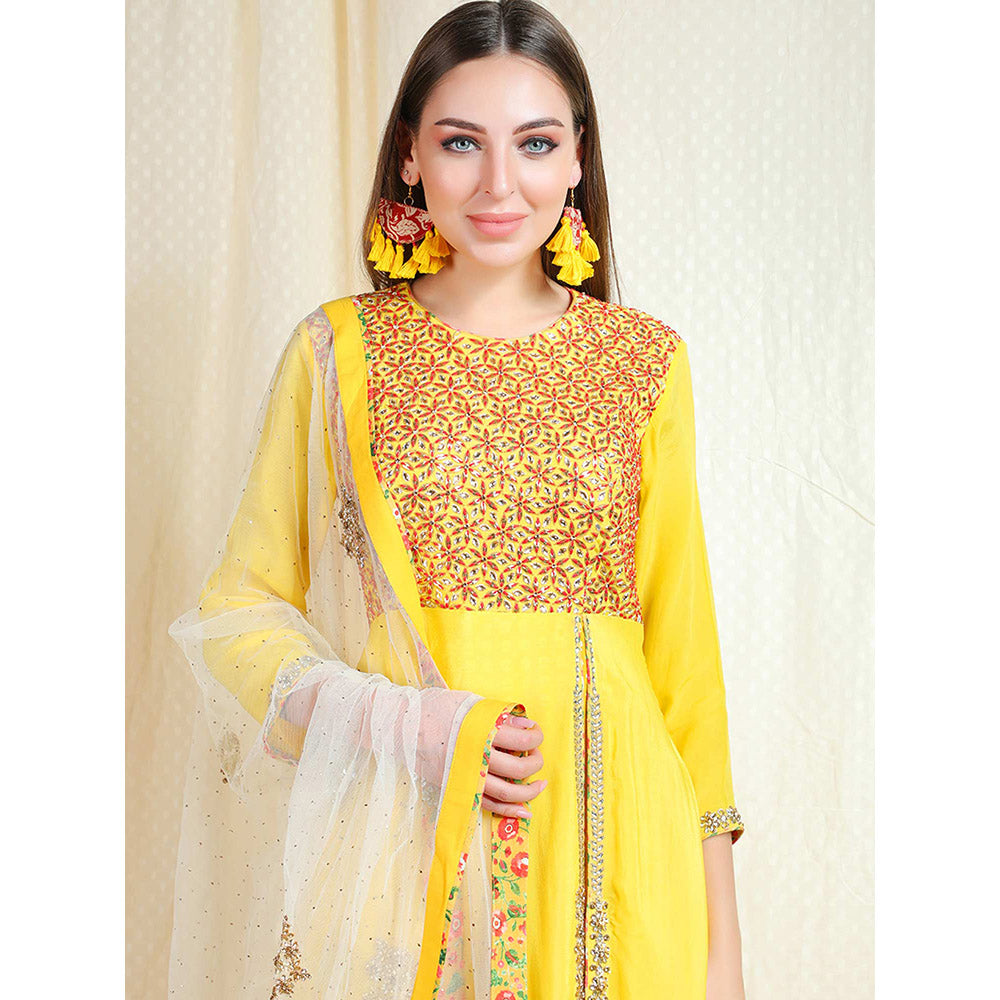 Nikasha Yellow Embellished 3/4th Sleeves Kurta And Churidar With Dupatta (Set of 3)