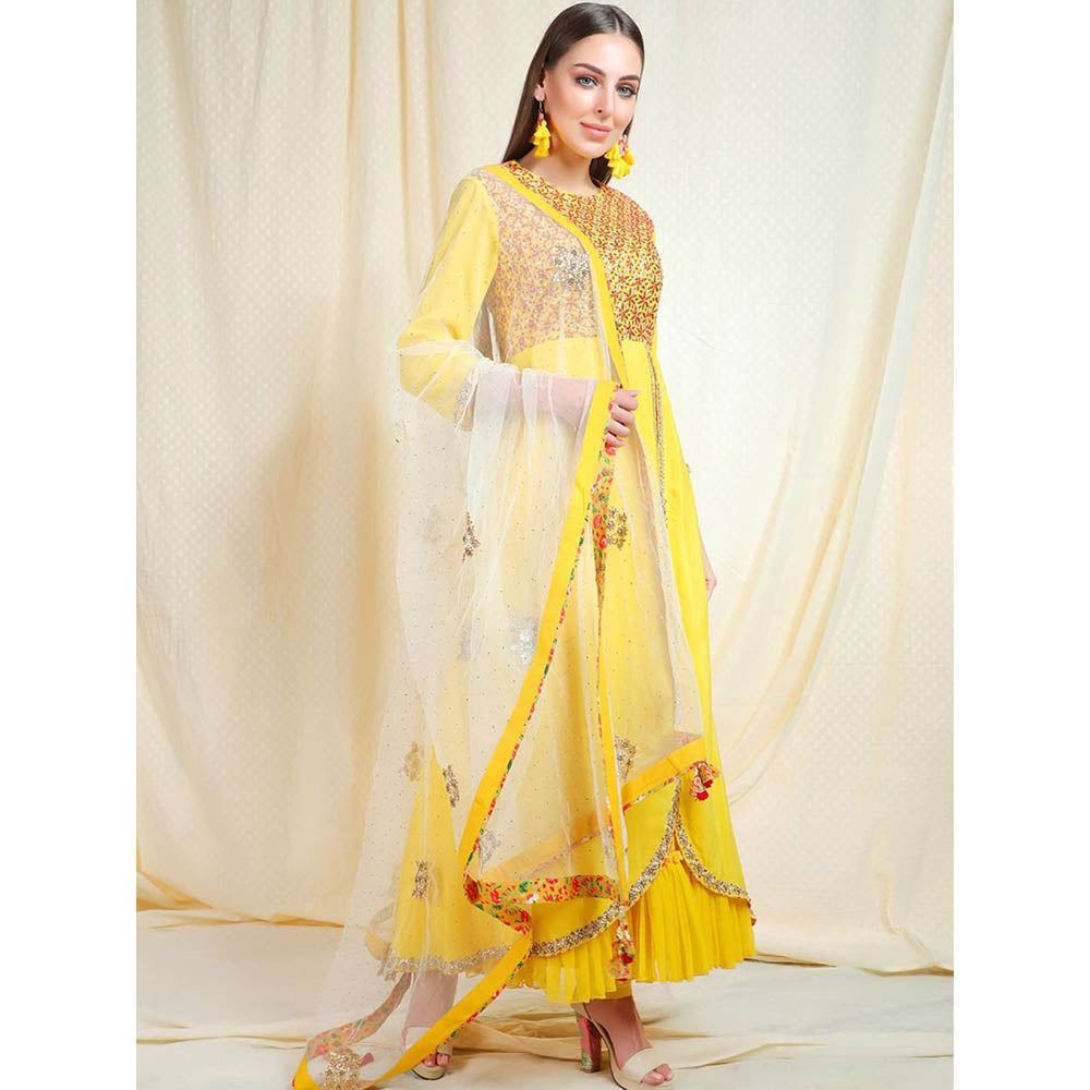 Nikasha Yellow Embellished 3/4th Sleeves Kurta And Churidar With Dupatta (Set of 3)