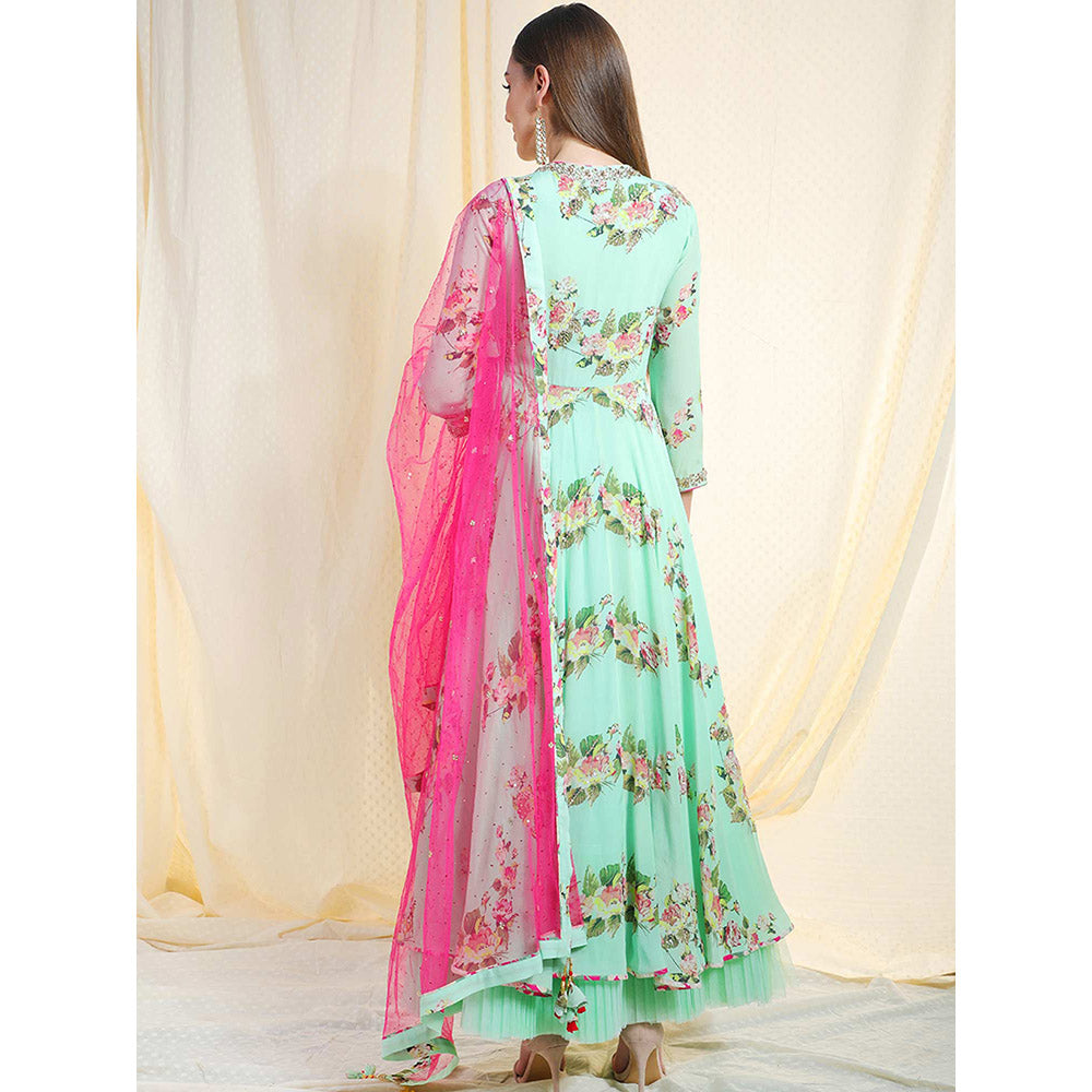 Nikasha Sea Green Embellished 3/4th Sleeves Angarkha And Churidar With Pant (Set of 3)