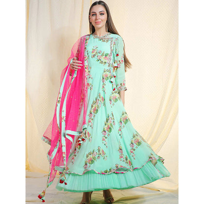 Nikasha Sea Green Embellished 3/4th Sleeves Angarkha And Churidar With Pant (Set of 3)